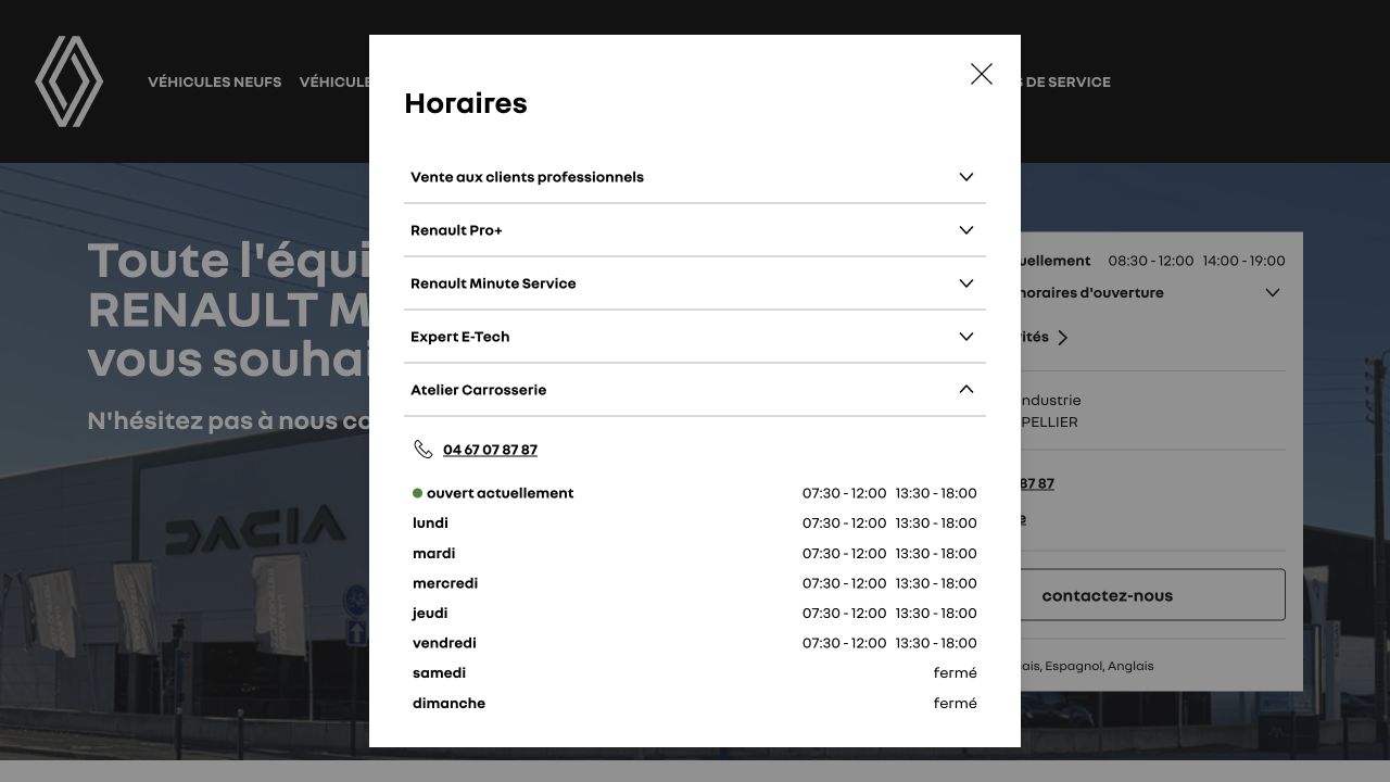 Capture de la fiche du fabricant partenaire pour Renault Montpellier — atelier carrosserie